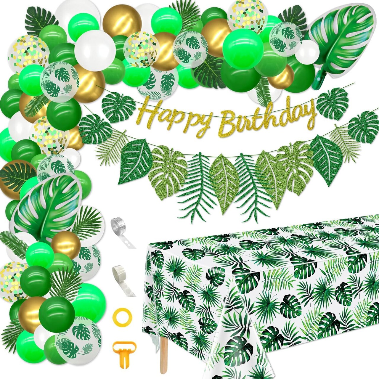 Tropical Balloons Arch Garland Kit Hawaiian Party Happy Birthday Banner Tropical Palm Leaves Tablecloth for Tropical Hawaii Aloha Luau Dinosaur Safari Baby Shower Wedding Theme Party Decorations